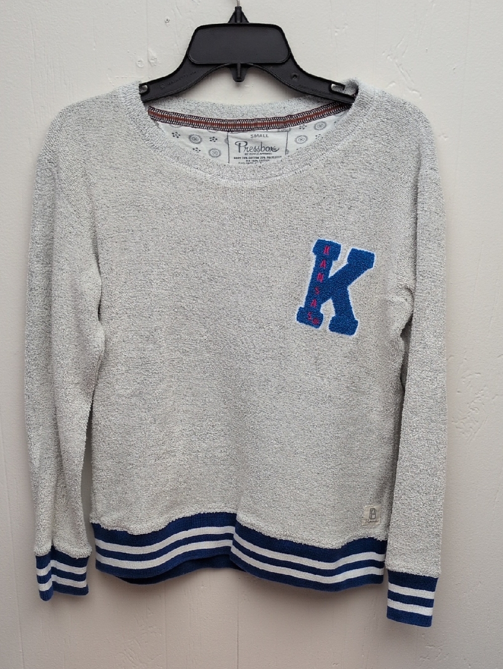Pressbox Gray Pullover Sweater with Blue  Kansas  KU Collage Patch